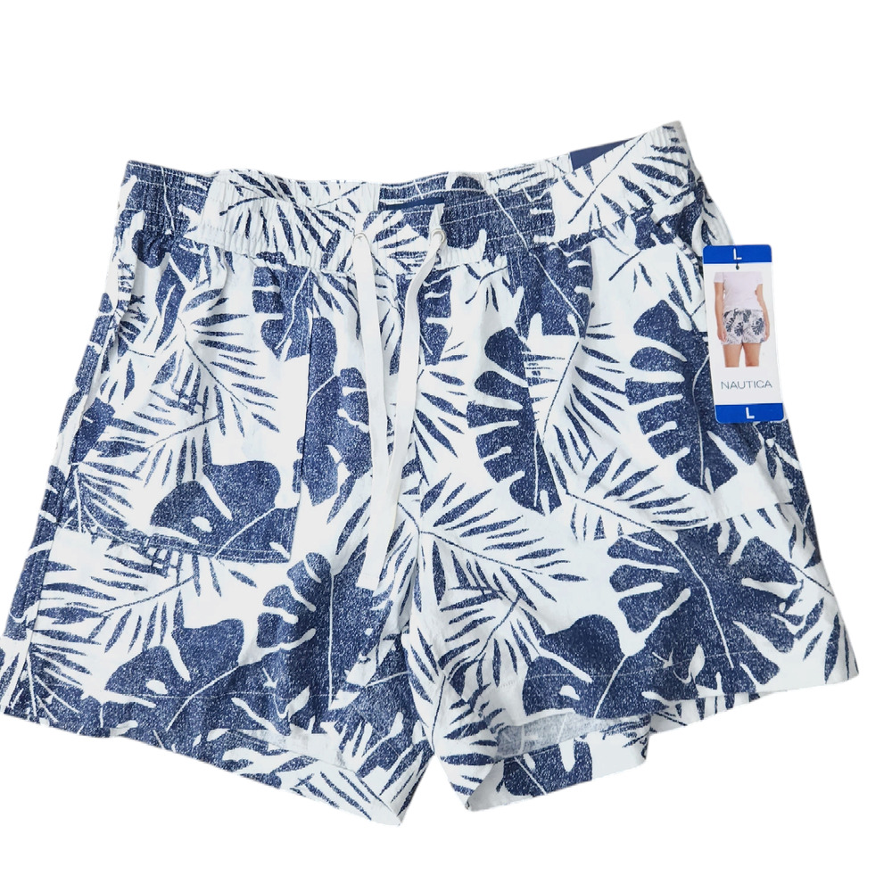 NEW Nautica Linen Blend Palm Print Shorts Large Blue White Summer Resortwear
